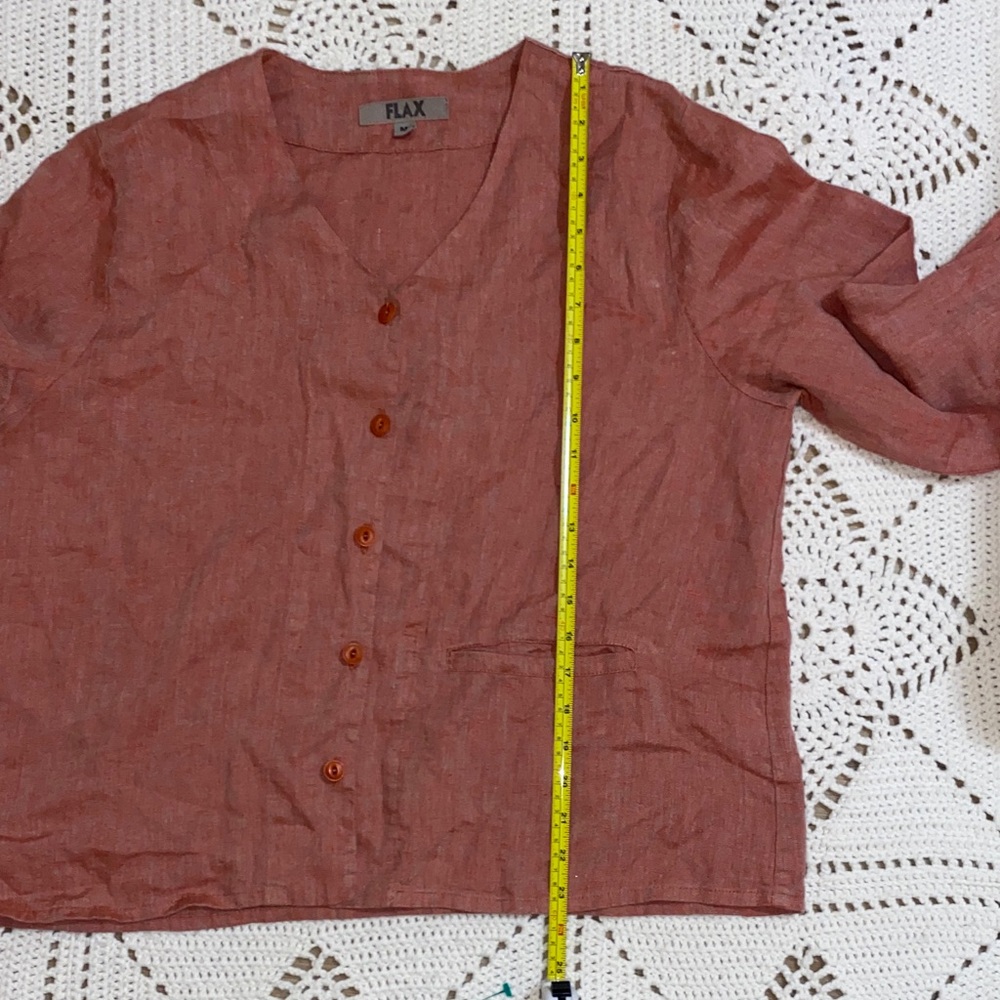 FLAX 100% Linen Orange Red Button Down Crewneck Long Sleeve Blouse Size M - Picture 7 of 9